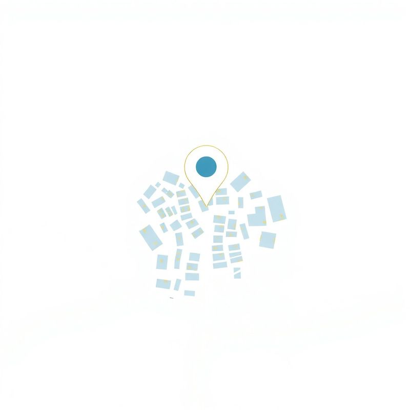 Ilustrație minimalistă a cartierului din București cu pin de locație în albastru-cerneală